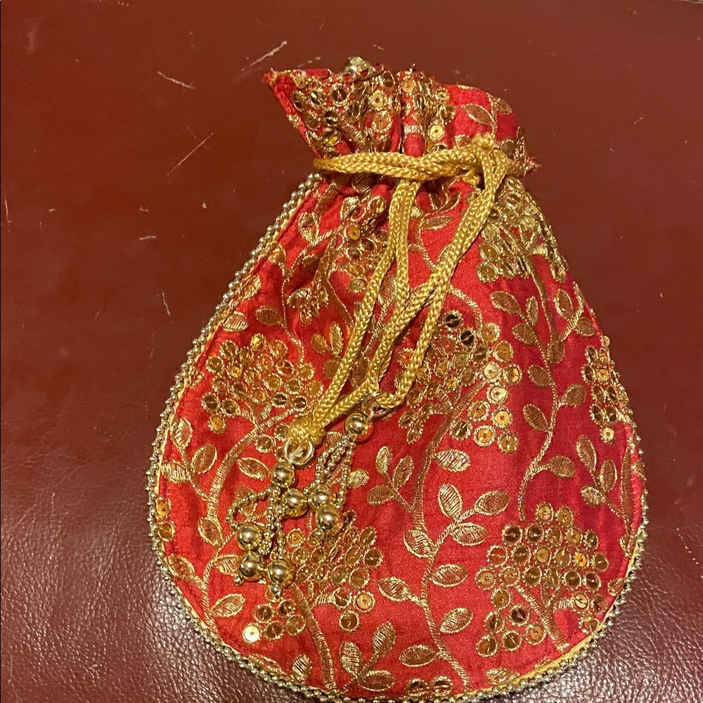 Elegant Red and Gold Asian Embroidered Pouch Purse